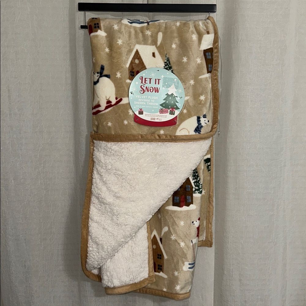 Let it Snow Reversible Velvet Tan Plush Throw Christmas Homes Polar Bear Skiing